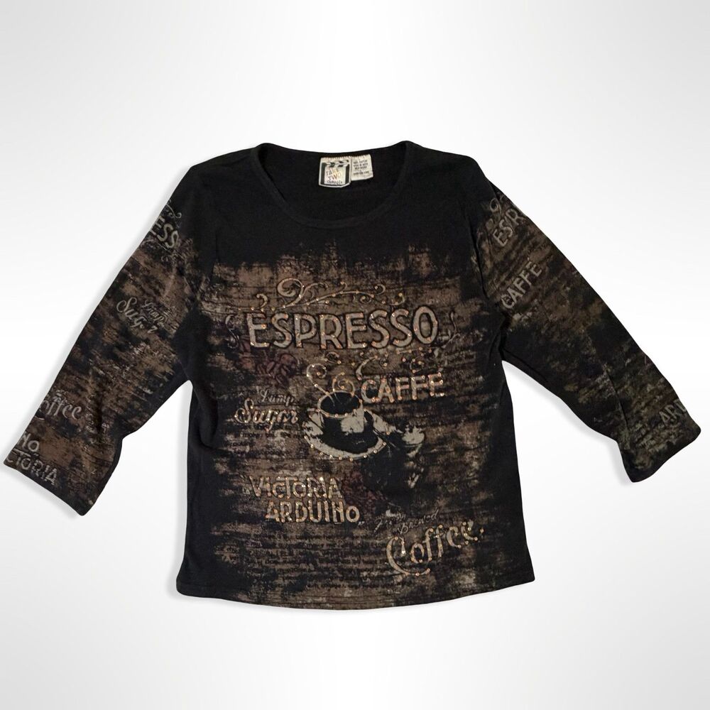 VTG Y2K Take Two, Black Quarter Sleeve Embellished Expresso Shirt, L Whimsigoth